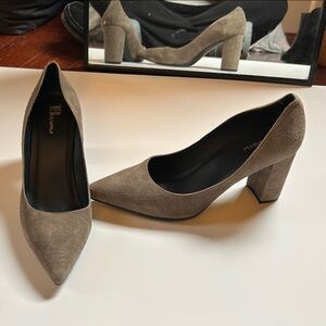 Block Heel Pointed Pumps in Taupe Suede - Women